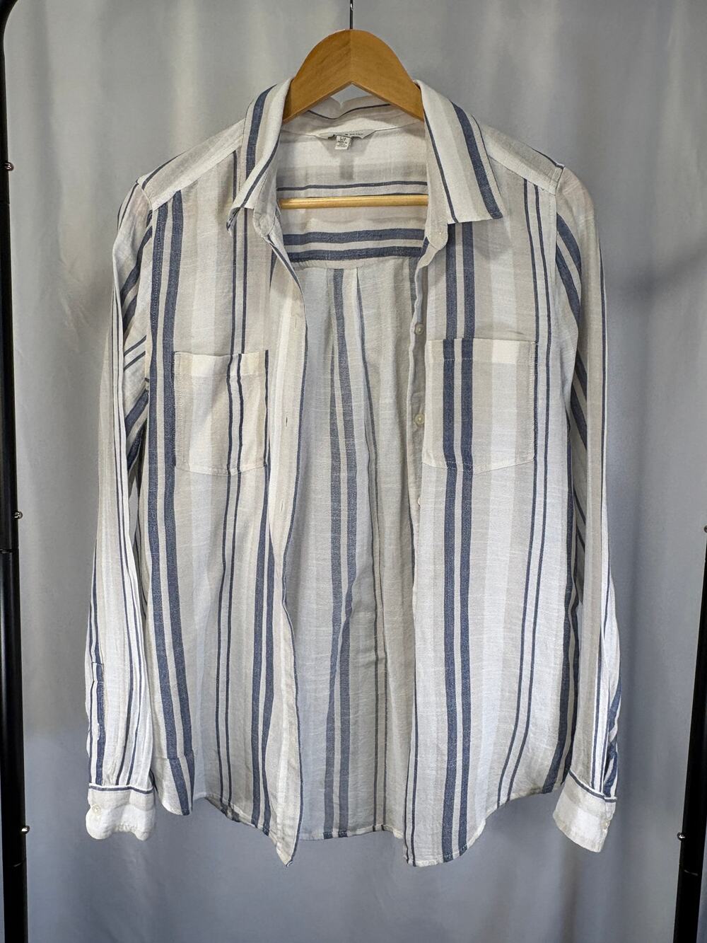 Lucky Brand Women’s Small Blue White Stripe Button Up Shirt Long Sleeve Coastal